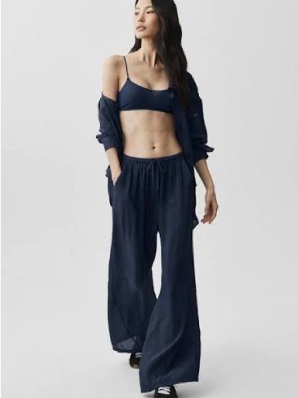 ALO Yoga Navy SET Wide-Leg Lounge Pants with Drawstring Waist w/ matching top
